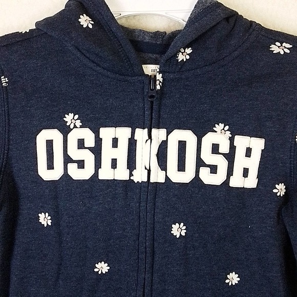 Oshkosh Full Zip‎ Fleece Hoodie Girl's Size 5T in Denim Blue w/ White Daisies - Picture 4 of 13
